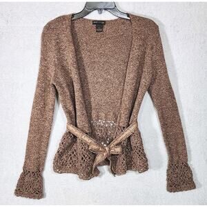Grace Dane Lewis Wool Cardigan Sweater Brown Tie Front Womens Size Small Petite